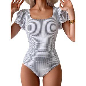 Womens Eomenie Black  One Piece Tummy Control Swimsuit with Ruffle & Ruched Back